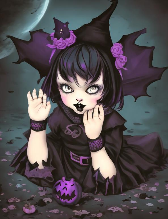 Prompt: Goth cute halloween child on floor