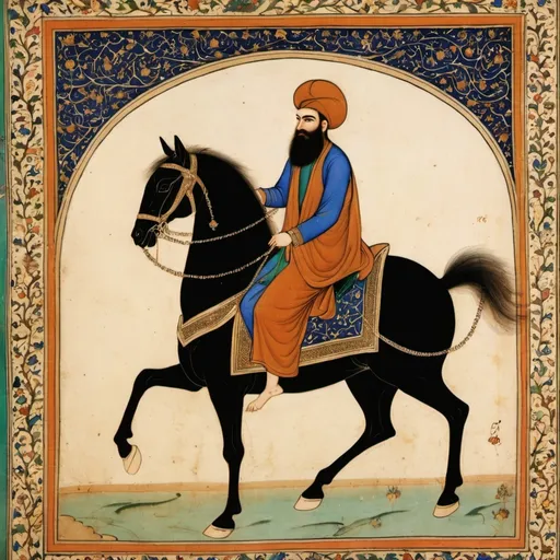 Prompt: a painting of a mans riding a horse , persian miniature paintings