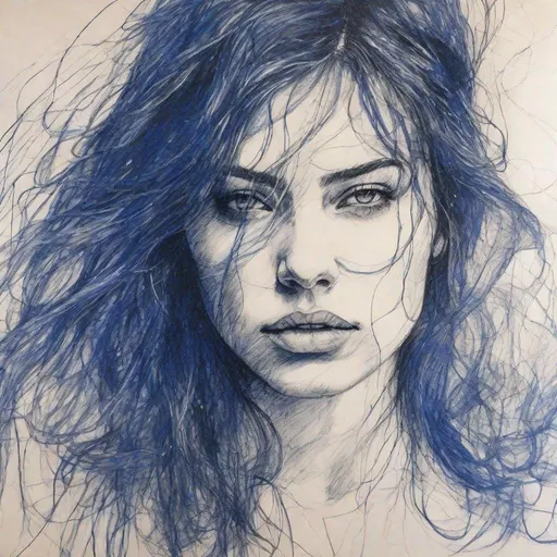 Prompt: Scribbled drawing of a woman, blue ballpoint, messy lines, monochrome, sketchy style, chaotic details, expressive strokes, rough texture, intense emotion, abstract art, ballpoint pen art, low-fi, raw, unrefined, emotional intensity, moody lighting