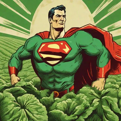 Prompt: Soviet propaganda style illustration of communist Superman standing in an enormous vegetable field, hammer and sickle chest logo, Yugoslavian WW2 propaganda, high quality, detailed, vegetable field, intense green color palette, war propaganda style, Soviet symbolism, powerful and stoic stance, vintage art style, heroic and patriotic, larger than life, imposing figure, rich textures, detailed muscles, vintage poster art, historical theme, imposing presence, professional illustration, dramatic lighting