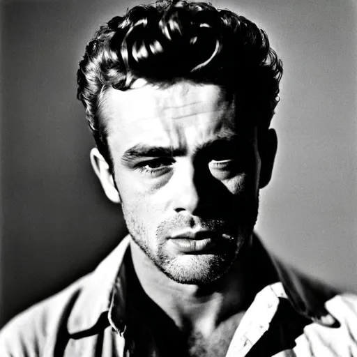 Prompt: Rugged James Dean stands in a dimly lit garage, shrouded in monochromatic tones. The soft glow of the setting sun casts long shadows across his angular face as (((he gazes down at his smartphone))) with a mixture of contemplation and disinterest. A cigarette dangles from his lips, wisps of smoke curling upwards like a rebellious flag.,Perfect Hands,halsman