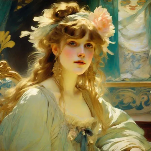 Prompt: charming and alluring girl, Henri Gervex and Alfonse Mucha style, Édouard Manet, Jean-Honoré Fragonard, high fantasy, cinematic lighting, romantic atmosphere, ultra-realistic, hyper-realistic, intricate detail, masterpiece, impressionism, detailed facial features, flowing hair, dreamy gaze, elaborate costume, ornate background, enchanting setting, best quality, highres, elaborate, fantasy, romantic, cinematic lighting, impressionism, detailed eyes, realistic, detailed, alluring