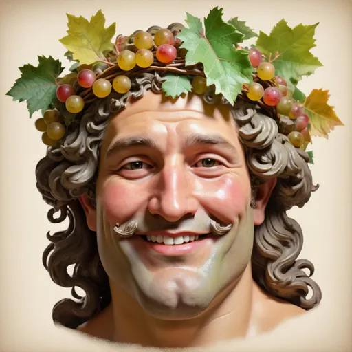 Prompt: A  handsome bacchus god as a real man, with crown of vine leaves smiling, drunk, blushing cheeks