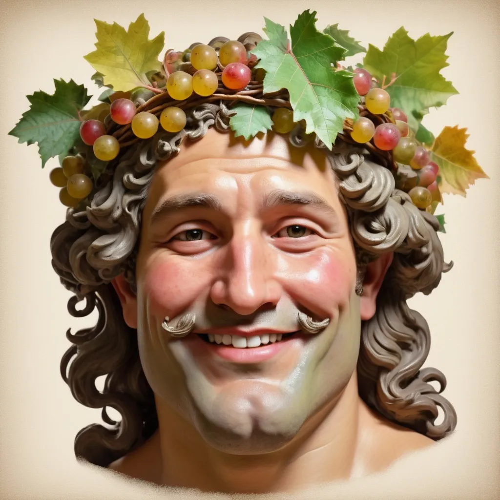 Prompt: A  handsome bacchus god as a real man, with crown of vine leaves smiling, drunk, blushing cheeks