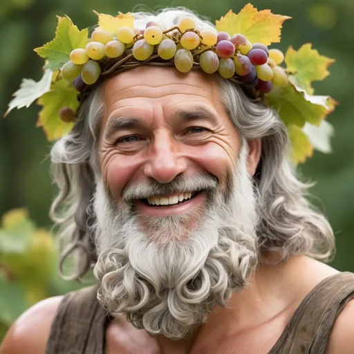 Prompt: A  handsome bacchus god as a real grey haired middle aged man, long beard, crown made of vine leaves and grapes, smiling, drunk, blushing cheeks