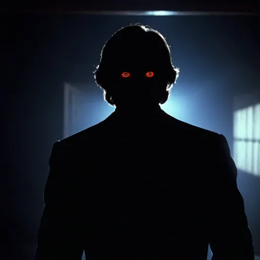 Prompt: A shadowy silhouette with glowing eyes is standing in a dark room. The darkness of the room and the man's eyes create a striking contrast, drawing attention to the subject. The man is the main focus of the image, and his presence in the dark room adds an element of mystery and intrigue. 1970s horror film
