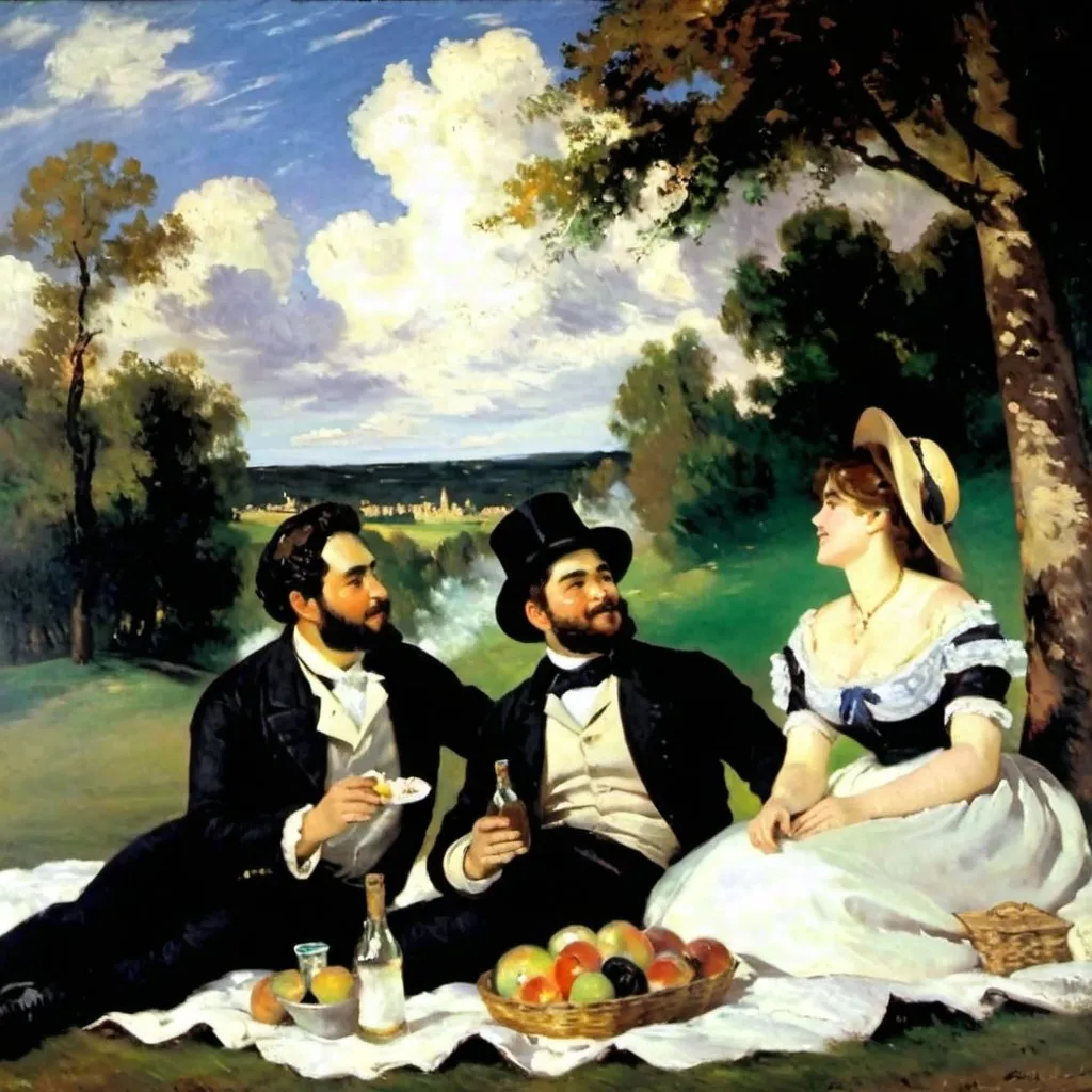 Prompt: XIX century impasto oil painting, man and woman picnic in the clouds, sunny summer sky, cheerful, bright colors, Edouard Manet style, high quality, impasto, bright, cheerful, sunny, XIX century, picnic in the clouds, oil painting, detailed faces, atmospheric lighting