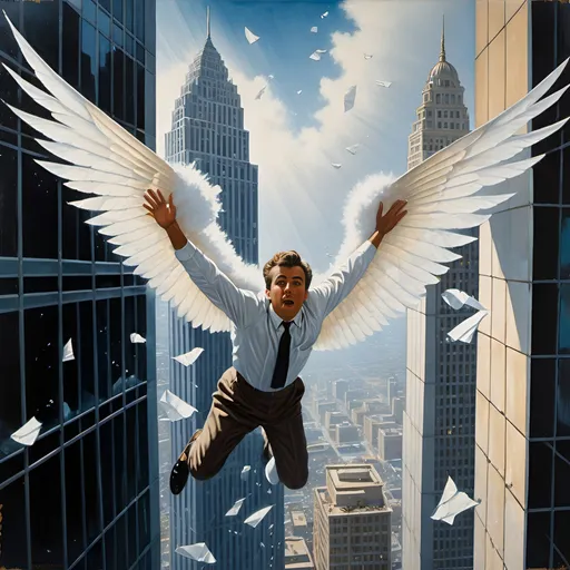 Prompt: (((face close up))) of a man with white fluffy cotton wings jumping out from skyscraper window, broken glass, papers flying around, oil painting, surreal cityscape, detailed cotton wings, dramatic lighting, high quality, surrealism, urban, cotton wings, skyscraper, surreal, dramatic lighting, oil painting, detailed, high quality, 1960s, by Edward Hooper