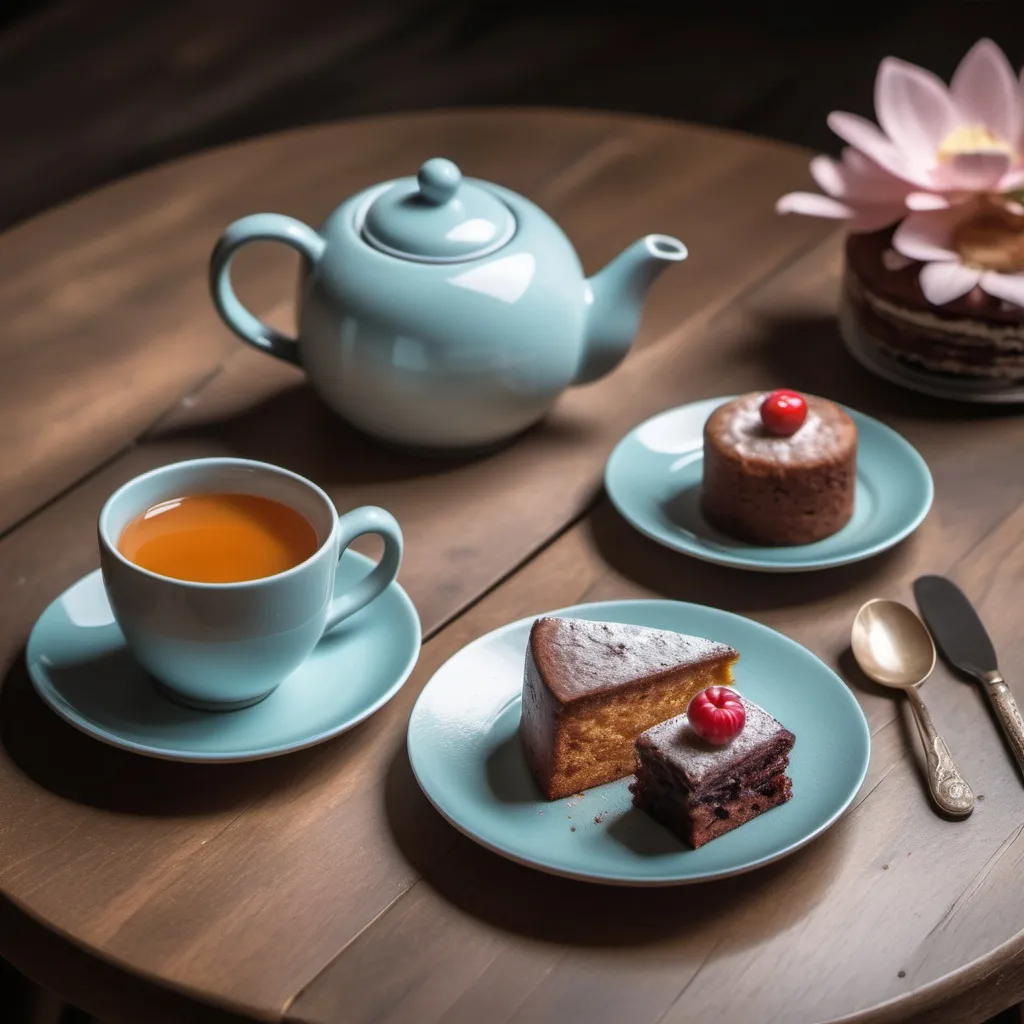 Prompt: On a wooden table there was a teapot and two cups with saucers. On the table there was also a piece of cake on a small plate.
Picture the situation from a close-up with an emphasis on texture, shape and color.