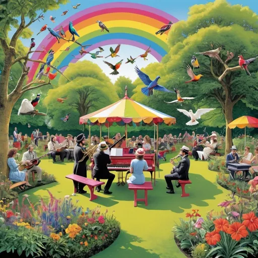 Prompt: funky english country garden with musicians and birds flying around and in multi color have a band stand in the garden with a brass band and somebody drinking a cream tea sitting on a bench at the back have a frenchman a jewish guy and an italian women in the trees at the back have many tropical birds  a rainbow in the sky