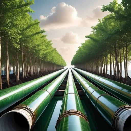 Prompt: energy industry needs help to become more sustainable have puctures of oil pipelines stretching across the sea with trees look at sustainable innovation and balance