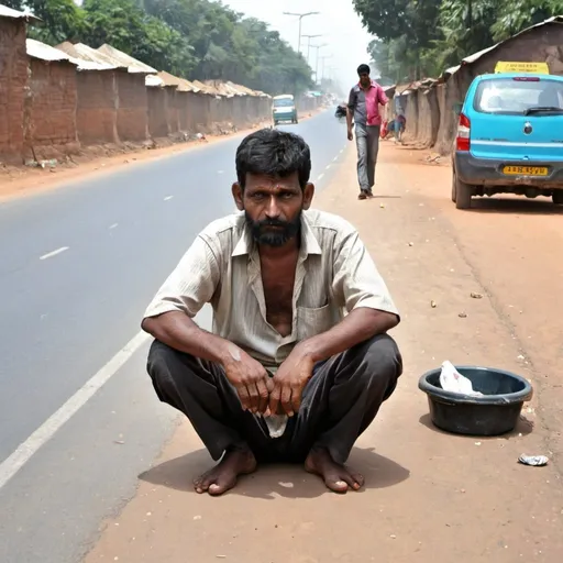 Prompt: A begger sittting on road site