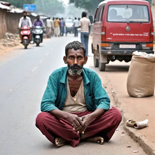 Prompt: A begger sittting on road site