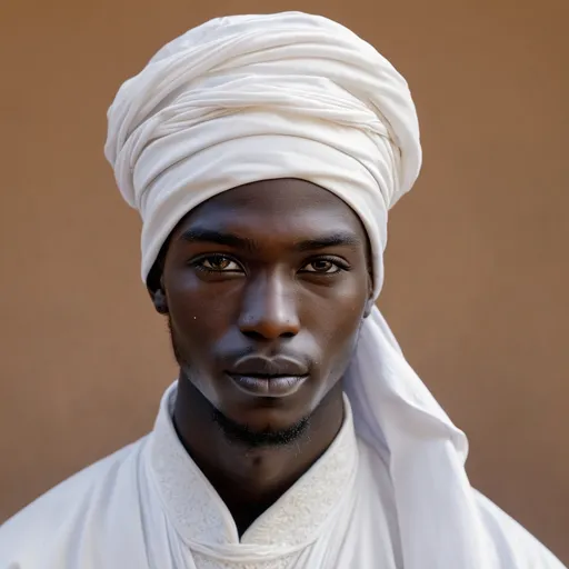 Prompt: A portrait of songhai young man wearing a white muslim turban, and robe 