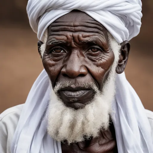 Prompt: A portrait of dangara old man wearing a white muslim turban, african 