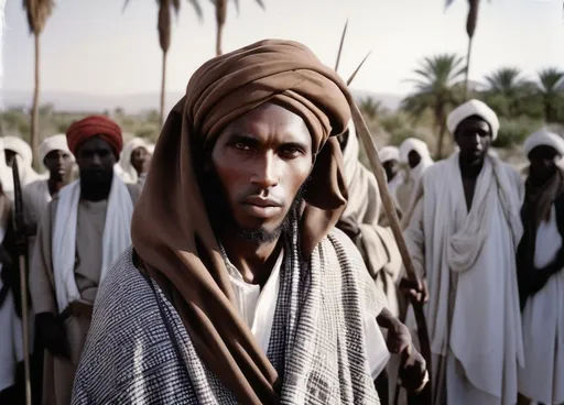 Prompt: old black and white photo of 19th century African somali dangara middle aged imam wearing muslim brown turban and robes surrounded by young warriors wearing white muslim turbans and robes holding swords in the battlefield with palm trees near ain dara, horn of africa