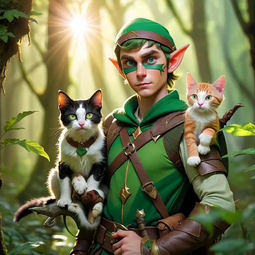 Prompt: Elf ranger in a mystical forest around sunlight with a cat on his shoulder. The cat has an eye patch on his left eye
