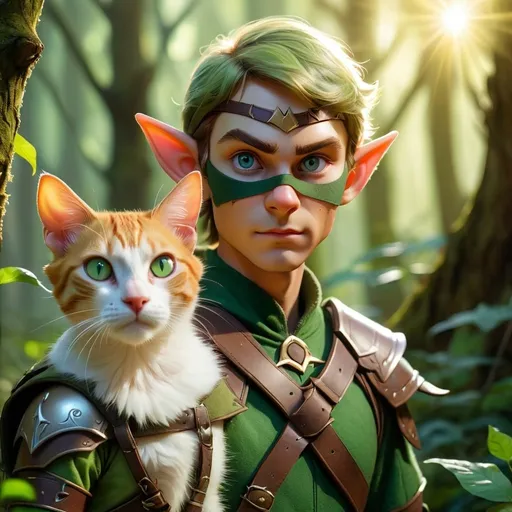 Prompt: Elf ranger in a mystical forest around sunlight with a cat on his shoulder. The cat has an eye patch on his left eye