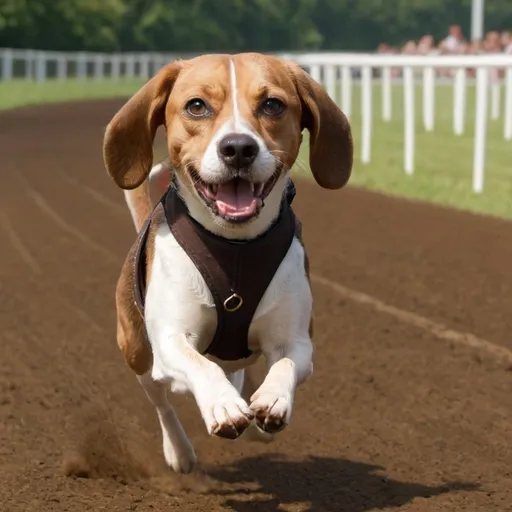 Prompt: A brown beagle cross in a race. The film title is 'Ozzy' 