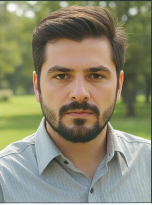 Prompt: A young man with dark hair and a well-groomed beard gazes thoughtfully into the camera, his serious expression conveying a sense of contemplation. He wears a collared shirt with a subtle pattern, and the background features hints of lush greenery, suggesting an outdoor setting. The interplay of natural light creates a soft focus, highlighting his features against the blurred backdrop. The overall mood of the image is calm and introspective, inviting viewers to ponder what thoughts occupy his mind at this moment.