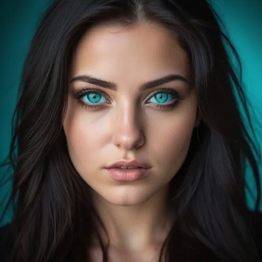 Prompt: Gritty portrait of sensual 22-year-old Albanian brunette, curvy body, long black hair, soft facial features, (((bright turquoise eyes))), high resolution, realistic, sensual, edgy, detailed, flawed skin, expression, moody lighting, intense gaze, professional photography, vibrant tones, Portrait rendering