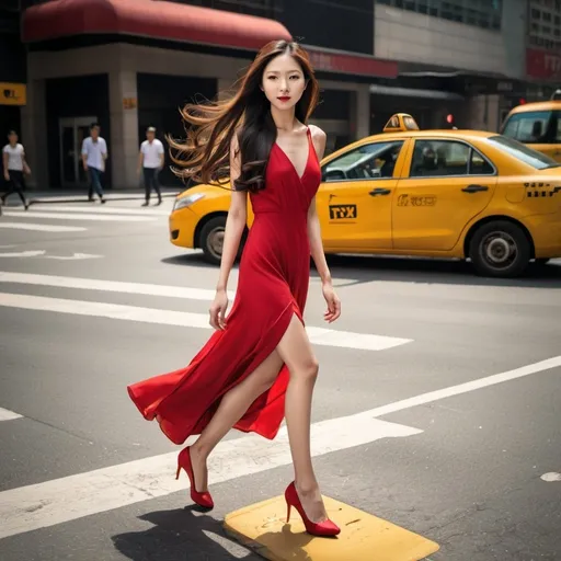 Prompt: full body shot, head to toes, young slim Chinese woman, beautiful, red dress, red shoes, long flowing hair, walking across city intersection with yellow taxis in background, realistic face, realistic eyes, motion blur background, sharp photo, high detail, elegant, hyper-realistic, super detailed, Editorial Photography, Photography, Nikon, Shot on 70mm, Ultra - Wide Angle, Depth of Field, Tilt Blur, Low angle perspective, intricate shadows