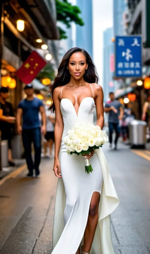 Prompt: full body shot of mixed race black woman in slim white wedding dress with slit up leg to hip on one side, striding, high heels, walking through hong kong mid levels, holding white bouquet, beautiful, long flowing hair, slim body, long legs, overcast day, realistic face, realistic eyes, motion blur background, no people in background, sharp photo, high detail, elegant, hyper-realistic, super detailed, Editorial Photography, Ultra - Wide Angle, Depth of Field, Tilt Blur, Nikon D850, 100mm, Editorial Photography, Shot on 70mm, Wide Angle, Shutter Speed 1/ 1000, F/ 9, Gamma