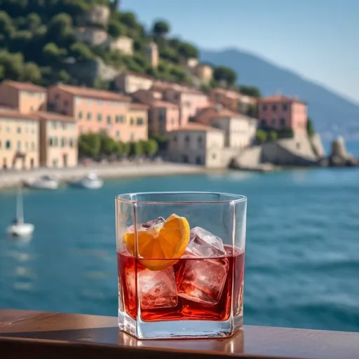 Prompt: Negroni cocktail with one large ice cube and Italian riviera in the background, sharp photo, high detail, hyper-realistic, super detailed, Nikon D850, 200mm f/ 2, Editorial Photography, Photography, Shot on 70mm, Ultra - Wide Angle, Depth of Field, DOF, Tilt Blur, Shutter Speed 1/ 1000, F/ 22, Gamma, 