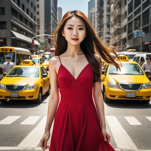 Prompt: full body in focus, young, Chinese woman, beautiful, red dress, red shoes, long flowing hair, standing in a city intersection with yellow taxis in background, realistic face, realistic eyes, motion blur background, sunny, sharp photo, high detail, elegant, hyper-realistic, super detailed, Editorial Photography, Photography, Shot on 70mm, Ultra - Wide Angle, Depth of Field, Tilt Blur, Low angle perspective