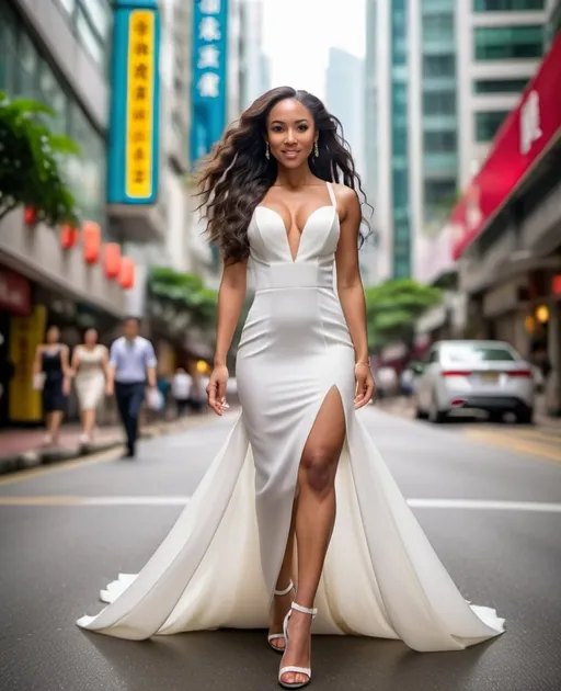Prompt: full body shot of mixed race black woman in slim white wedding dress with slit up leg to hip on one side, striding, high heels, walking through hong kong mid levels, holding white bouquet, beautiful, long flowing hair, overcast day, realistic face, realistic eyes, motion blur background, no people in background, sharp photo, high detail, elegant, hyper-realistic, super detailed, Editorial Photography, Ultra - Wide Angle, Depth of Field, Tilt Blur, Nikon D850, 100mm, Editorial Photography, Shot on 70mm, Wide Angle, Shutter Speed 1/ 1000, F/ 9, Gamma