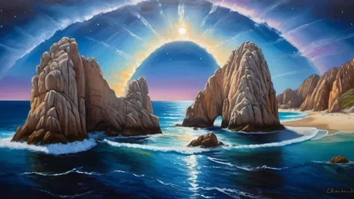 Prompt: Oil painting of the Arch in Cabo San Lucas, Mexico, transformative zodiac sky, vibrant colors, high texture detailing, realistic, oil painting, zodiac background, starry sky, dramatic lighting, vibrant hues, textured brushstrokes, atmospheric, detailed rock formations, best quality, high texture, realistic, vibrant colors, oil painting, zodiac sky, dramatic lighting