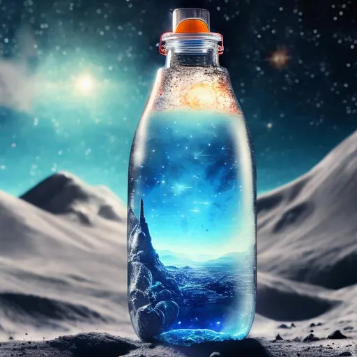 Prompt: Plastic bottle on the moon, light goes through the bottle from the stars, super detailed, 8k, high quality, sharp focus, real skin, cheeks red, transparent, intricate details, highly detailed, oil painting