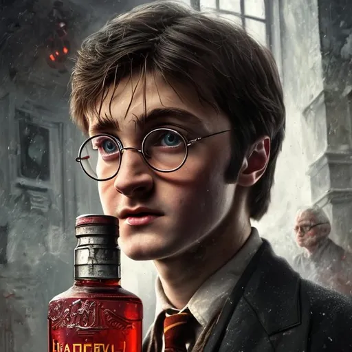 Prompt:   Portrait of Soviet Harry Potter with Vodka bottle, close up, {background  bedroom}, realistic, super detailed, 8k, high quality, sharp focus, real skin, cheeks red, transparent, good proportion, intricate details, highly detailed, oil painting 