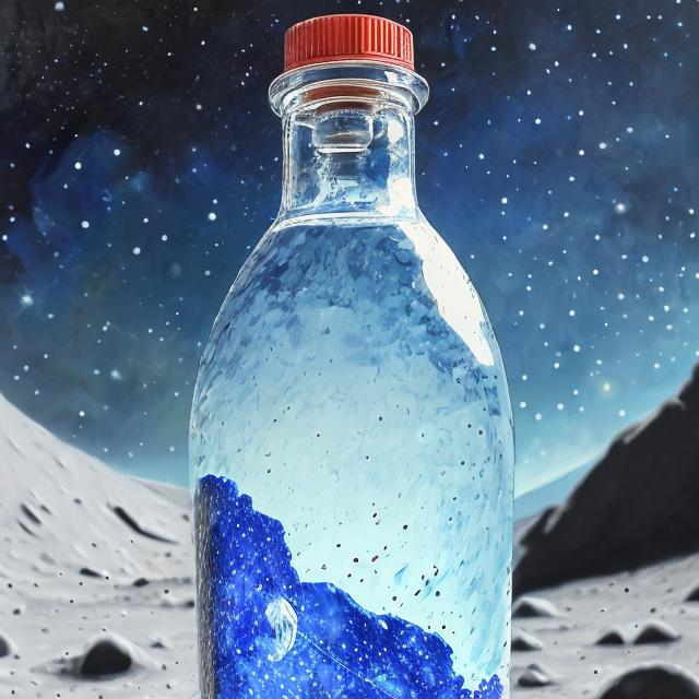 Prompt: Plastic bottle with water on the moon, light goes through the bottle from the stars, super detailed, 8k, high quality, sharp focus, real skin, cheeks red, transparent, intricate details, highly detailed, oil painting