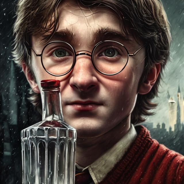 Prompt:   Portrait of Soviet Harry Potter with Vodka bottle, close up, {background  bedroom}, realistic, super detailed, 8k, high quality, sharp focus, real skin, cheeks red, transparent, good proportion, intricate details, highly detailed, oil painting 