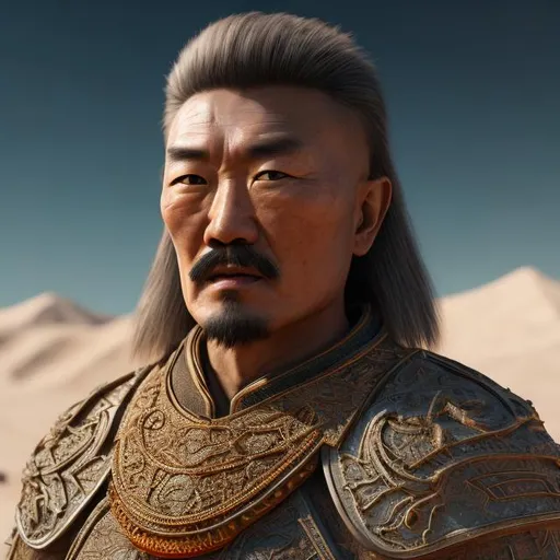 Prompt: Portrait of Genghis Khan in desert , 8k, high quality, sharp, transparent, intricate details, highly detailed, close up. Use UHD 8K, Octane 3D HDR and Realistic vision as professional tool for processing the image.