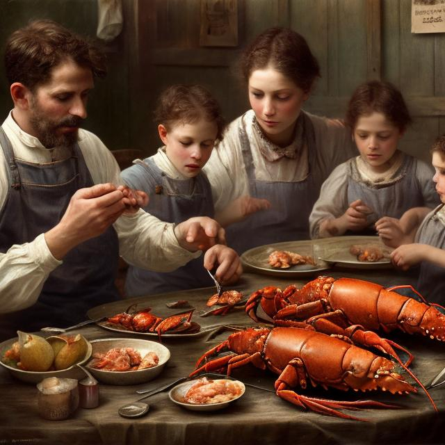 Prompt:  mother, children and father eating lobster, poor family, 1900s, fade colors, 8k, high quality, sharp focus, real skin, transparent, intricate details, highly detailed, oil painting, close up