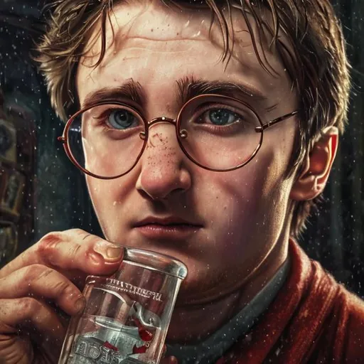 Prompt:   Portrait of Soviet Harry Potter with Vodka bottle, close up, {background  bedroom}, realistic, super detailed, 8k, high quality, sharp focus, real skin, cheeks red, transparent, good proportion, intricate details, highly detailed, oil painting 