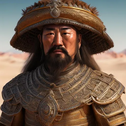 Prompt: Portrait of Genghis Khan in desert , 8k, high quality, sharp, transparent, intricate details, highly detailed, close up. Use UHD 8K, Octane 3D HDR and Realistic vision as professional tool for processing the image.