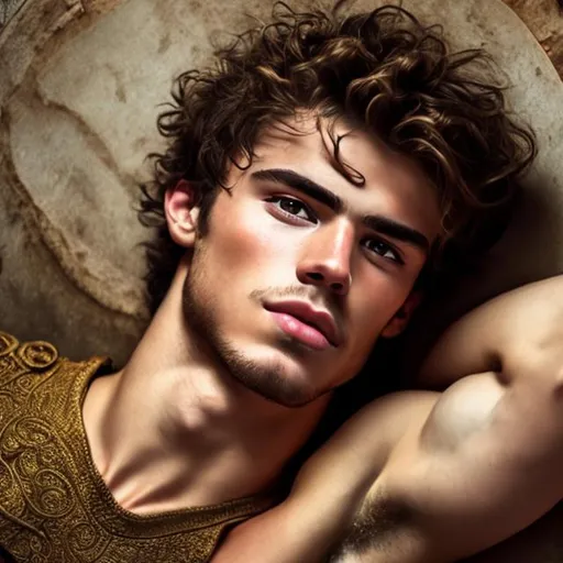 Prompt: Handsome young men greek from 330 BC, laying in harem { sharp jawline} , {background}, abs, blonde curly hair, super detailed, 8k, high quality, sharp focus, real skin, cheeks red, transparent, intricate details, highly detailed, oil painting