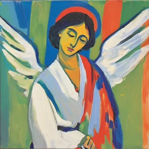 Prompt: Fausviat inspired german angel painting, expressionism, vibrant use light and shadow