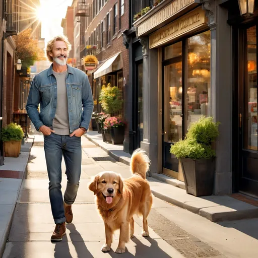 Prompt: A man strolls down a charming city street, accompanied by a cheerful golden retriever. His casual attire features a denim jacket over a light gray sweater, complementing his rugged look, while his neatly groomed beard adds to his approachable demeanor. Sunlight filters through the buildings, casting a warm glow on the scene, which features an array of quaint shops lining the sidewalk. The dog trots happily beside him, tongue out, embodying the joy of their shared morning walk. The atmosphere feels vibrant yet relaxed, creating a moment of connection between man and pet amidst the urban landscape.