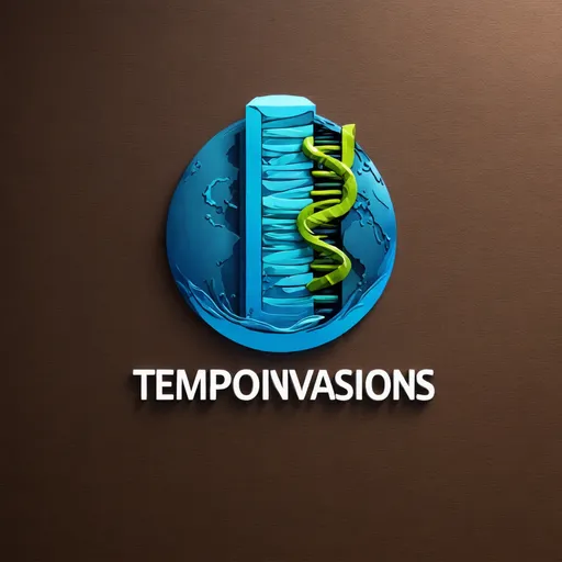 Prompt: I need to create a logo it has to have a 3D render of the word "TEMPOINVASIONS" as the main aspect and integrated with visual elements that represent the core aspects of the study: Marine Intertidial  Sediment registers, DNA and invasive species. The first letter "I" is replaced by a vertical column of layered earth, the core sediment. The second letter "I" is replaced by a DNA double helix.

