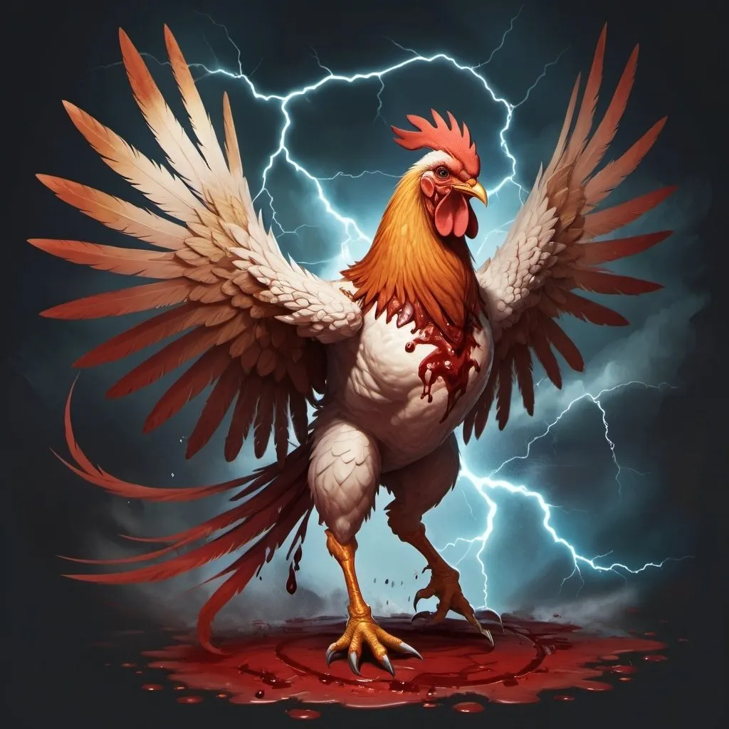 Prompt: An bloodied fantasy phoenix-chicken in Dungeons & Dragons style, with wind in its wings and lightning surrounding it
