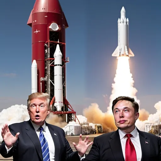 Prompt: Trump and Elon musk rockets landing in the background
