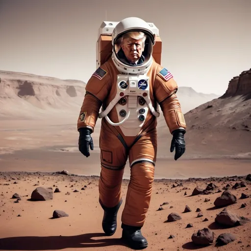 Prompt: Trump in space suit walking on mars