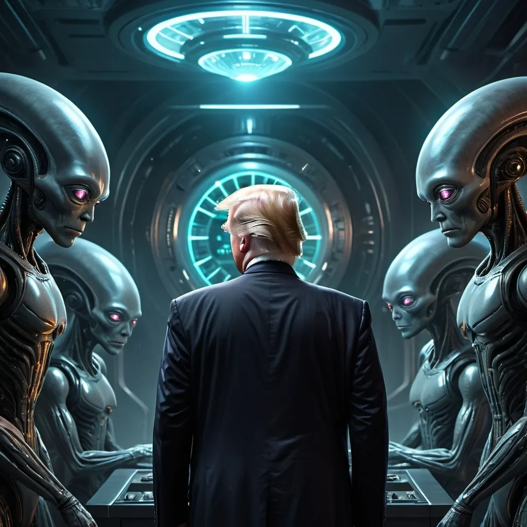 Prompt: Trump with gray aliens looking at a time machine