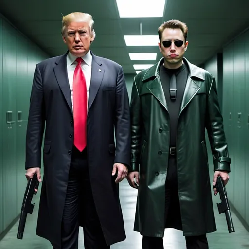 Prompt: Donald Trump and Elon with guns in matrix style leather trench coats