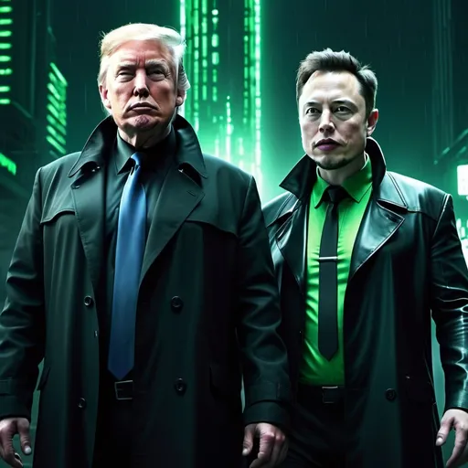 Prompt: Donald Trump and Elon with guns in matrix style leather trench coats