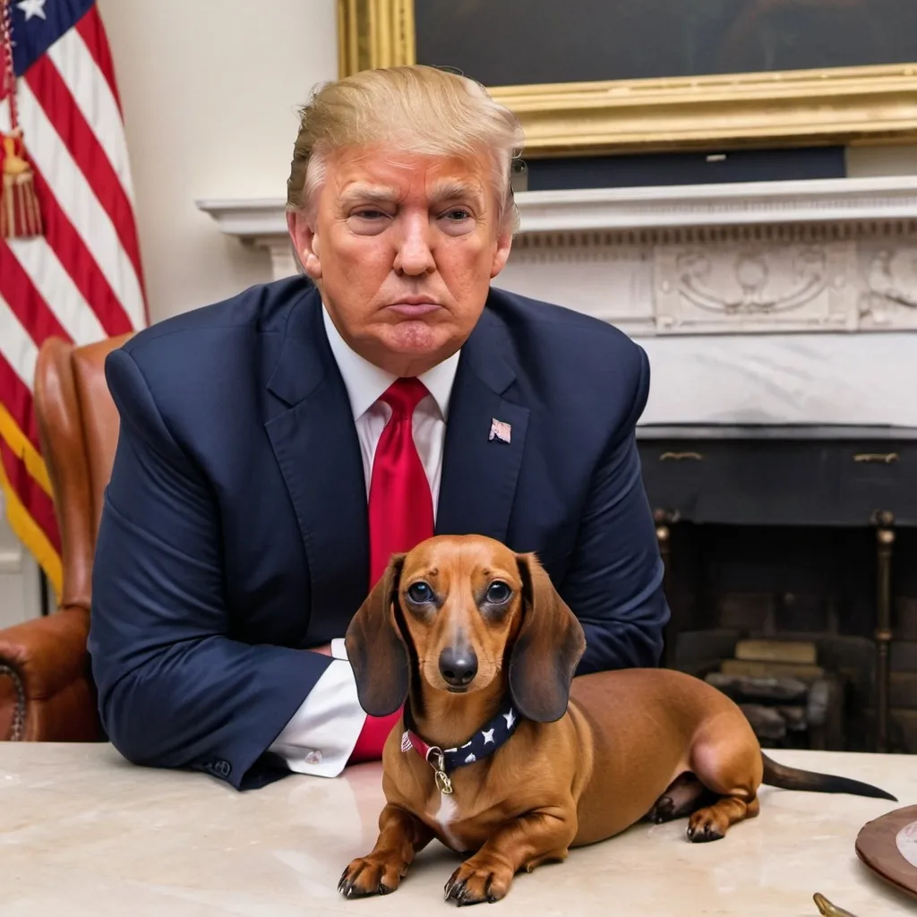 Prompt: Donald Trump sitting next to a dachshund dog and American flag in the background